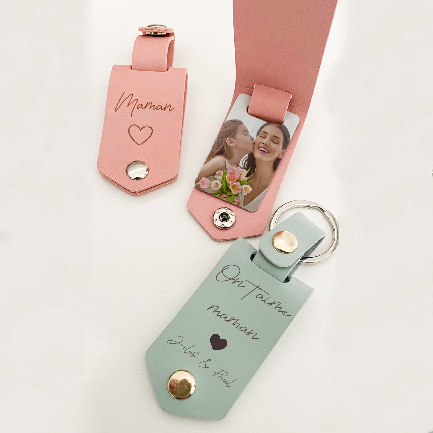 porte clés cuir personnalisé photo et message gravé | cadeau Papa, Maman, Parrain, Marraine......