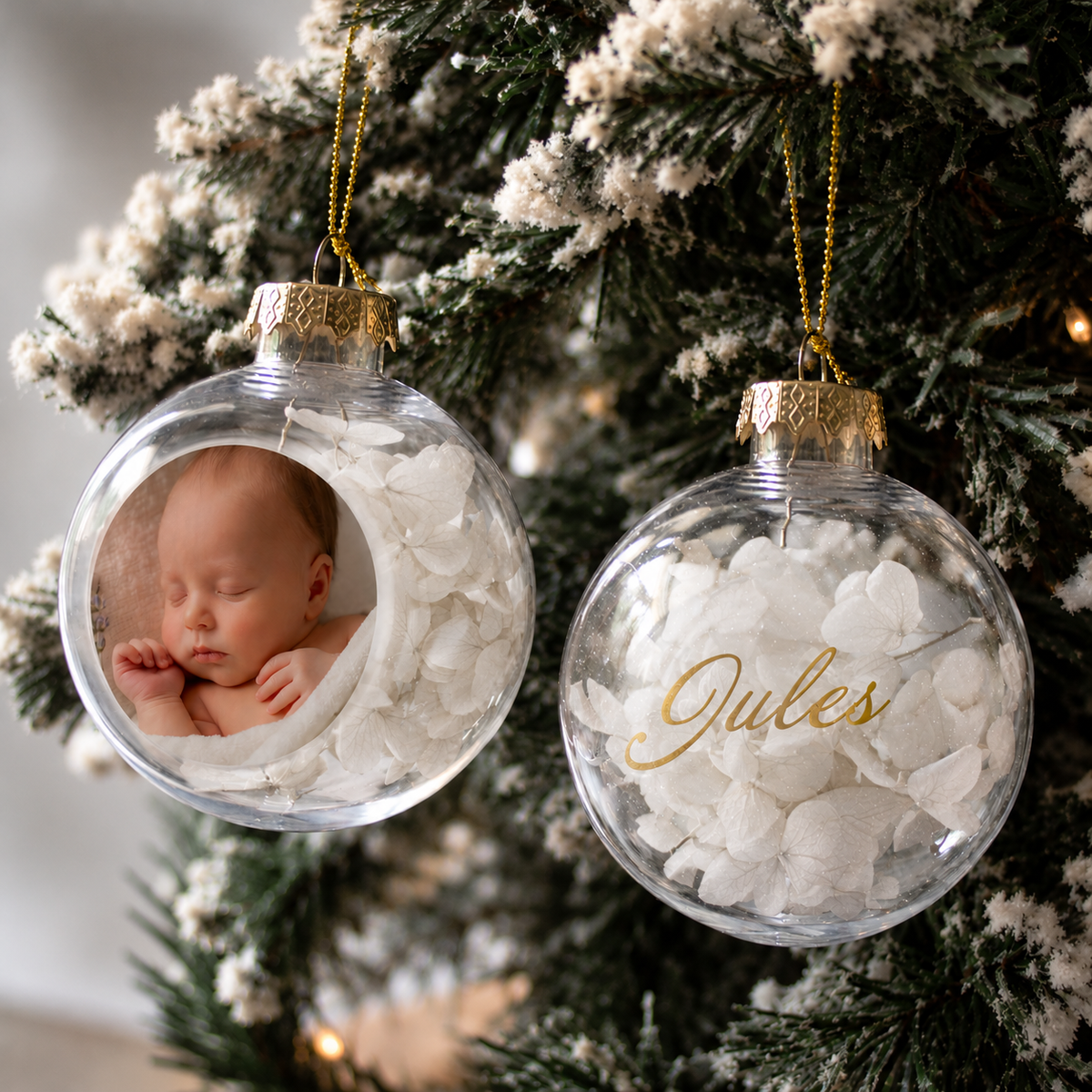 Boule de noël personnalisée photo avec fleurs séchées - Noël Famille premier noël