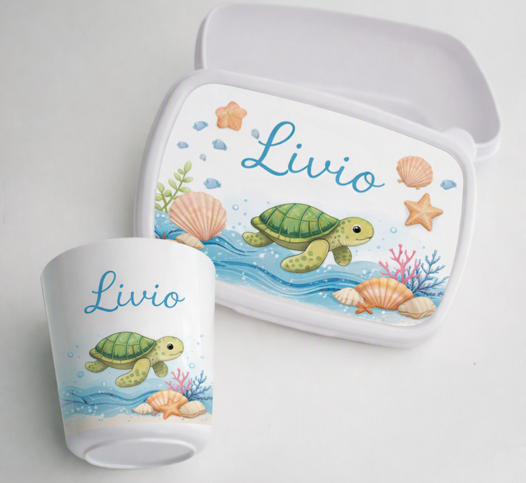 Ensemble gobelet et boite à Goûter personnalisés enfant tortue