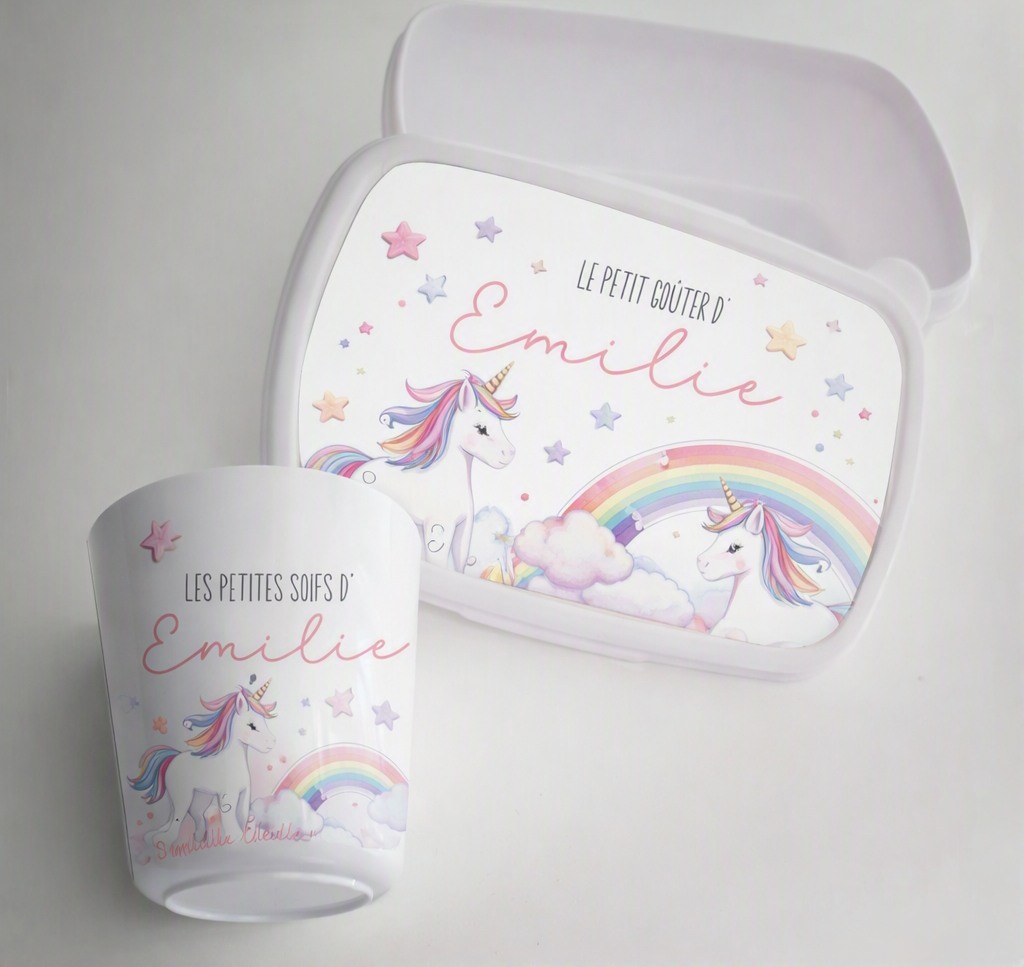 Ensemble gobelet et boite à Goûter personnalisés enfant licorne