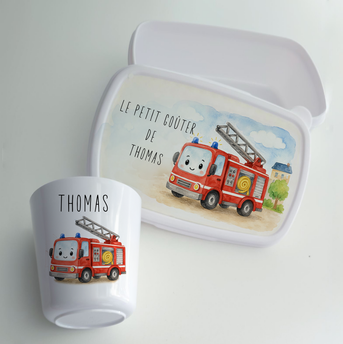 Ensemble gobelet et boite à Goûter personnalisés enfant pompier
