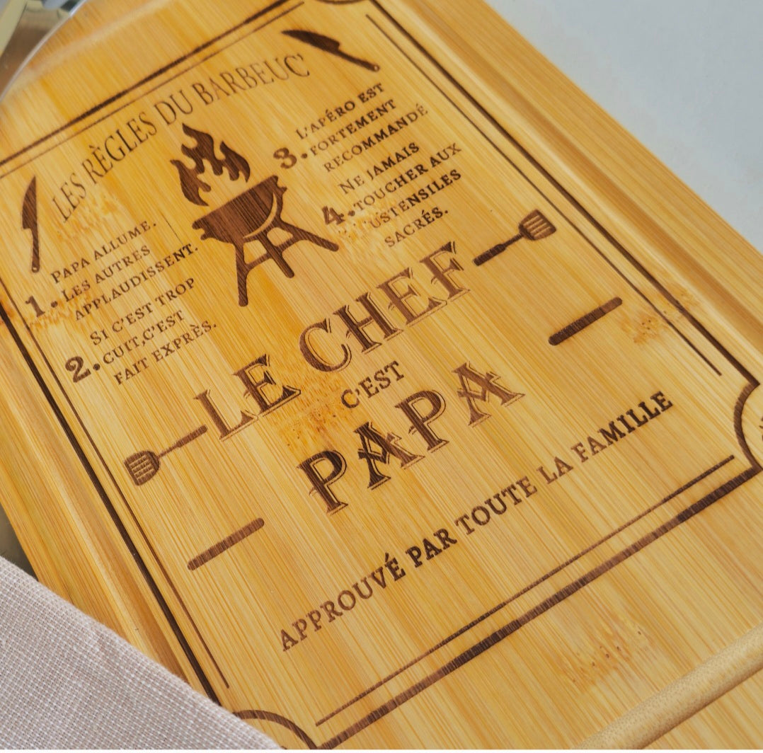 Ustensiles barbecue personnalisés - idée cadeau fête des pères, papi, crémaillère accessoire barbecue en bois planche, ustensiles gravés