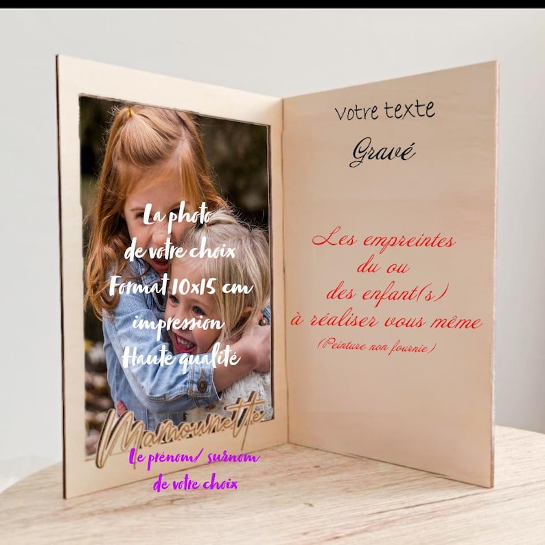 Cadre photo en bois 2 volets – Empreintes et souvenir personnalisé