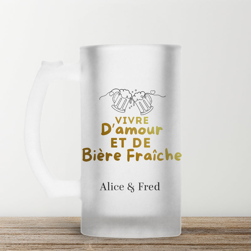 Pinte de bière personnalisée "Vivre d'amour et de bière fraîche- Cadeau couple, saint valentin...