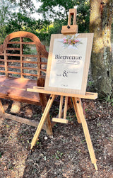 Panneau de bienvenue en bois, papier et fleurs séchées personnalisé pour mariage