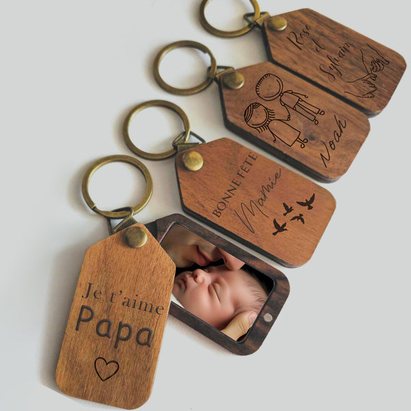 Porte clés photo en bois avec gravure - Idée cadeau mamie, papa, maman, parrain, papy...