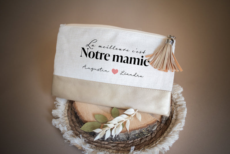 Grande trousse pochette rose et lin personnalisée pour mamie. Cadeau fête des grands mères