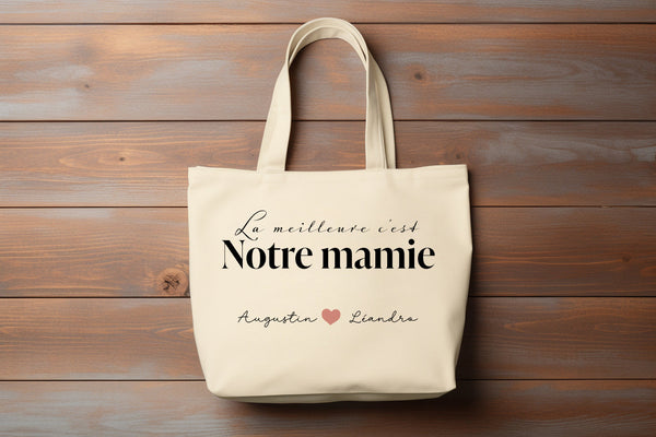 Tote bag personnalisé mamie . Tissus effet lin beige personnalisé prénom