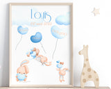 Affiche de naissance personnalisée avec informations de naissance poids, taille, heure, et date de naissance thème lapin bleu