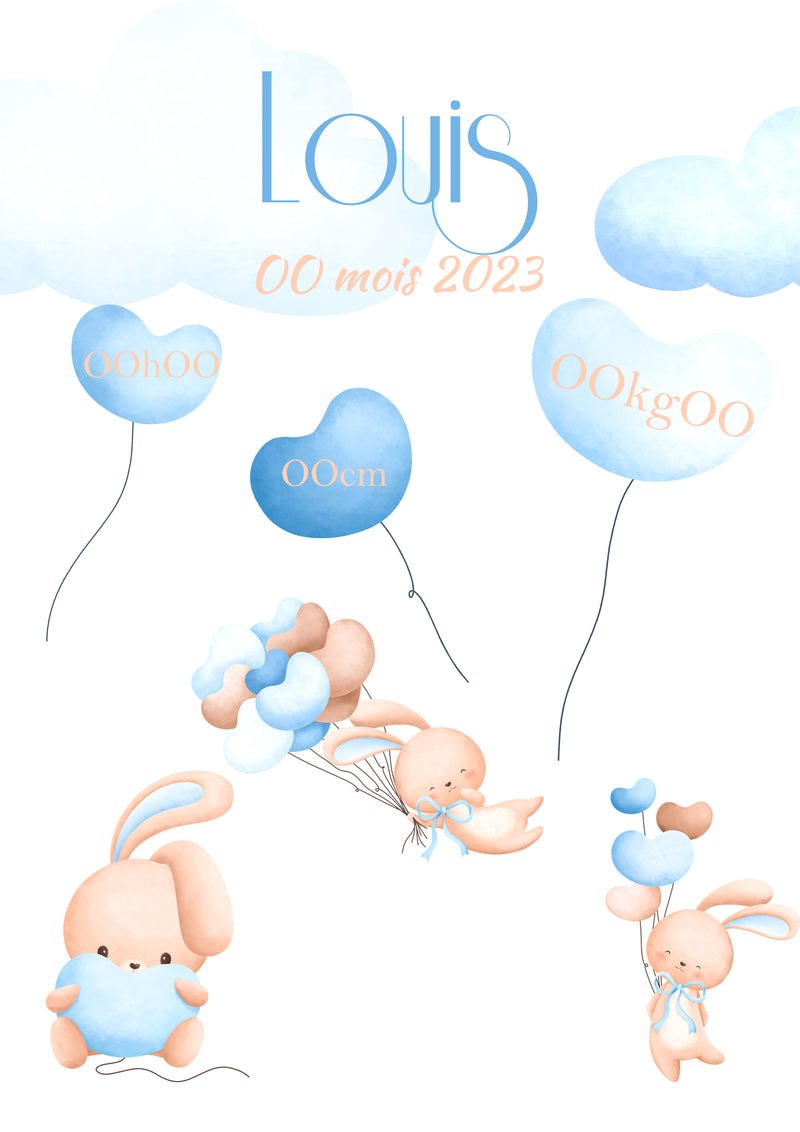 Affiche de naissance personnalisée avec informations de naissance poids, taille, heure, et date de naissance thème lapin bleu