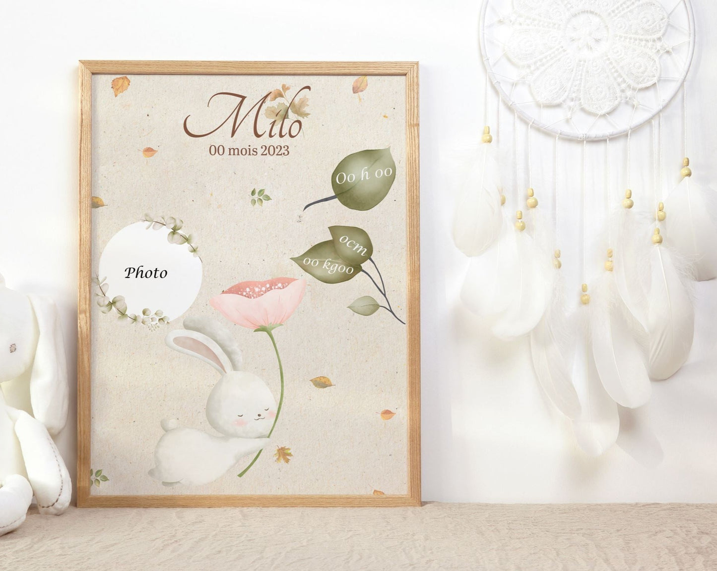 Affiche de naissance  personnalisée lapin photo poids date prénom taille de bébé