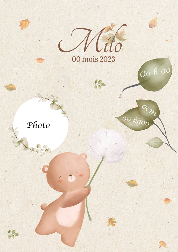 Affiche de naissance personnalisée avec photo thème ourson | cadeau,déco naissance