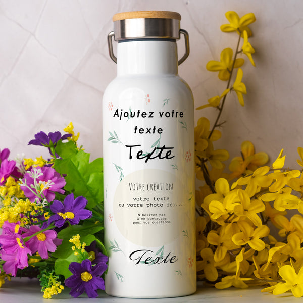 Bouteille isotherme personnalisée texte et photo motif fleurs