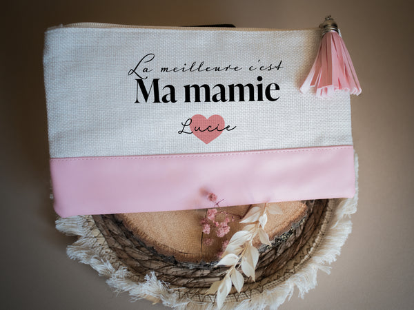 Grande trousse pochette dorée ou rose et lin personnalisée pour mamie. Cadeau fête des grands mères