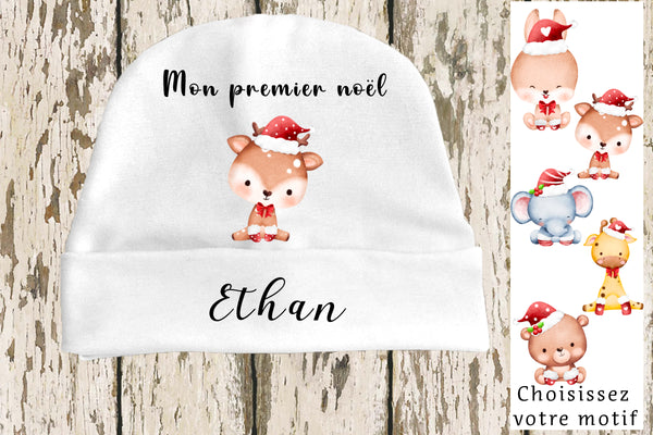 Bonnet de naissance personnalisé thème de noël premier noël de bébé