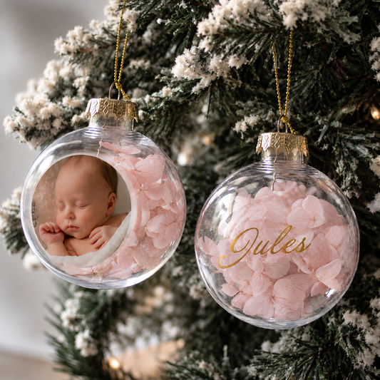 Boule de noël personnalisée photo avec fleurs séchées - Noël Famille premier noël