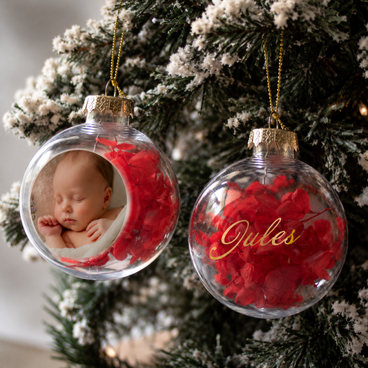 Boule de noël personnalisée photo avec fleurs séchées - Noël Famille premier noël