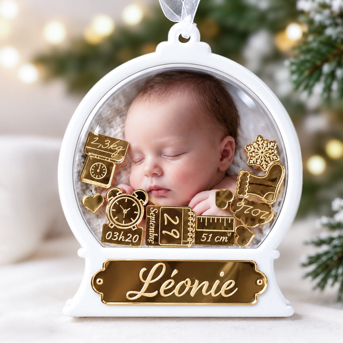 Décoration de noël "mon premier noël" boule à neige personnalisée pour sapin. Naissance, bébé