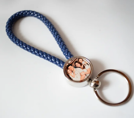 Porte-clé lanière en similicuir bleu avec 2 photos