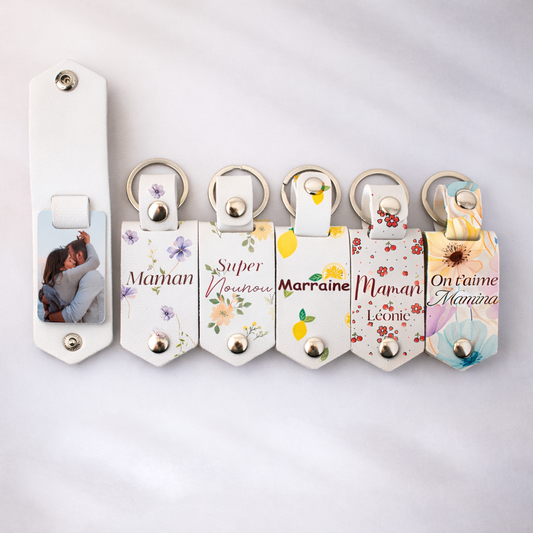 Porte clés personnalisé photo et message fleurs, citrons... impression simili cuir cadeau fête des mères, anniversaire, marraine, mamie...