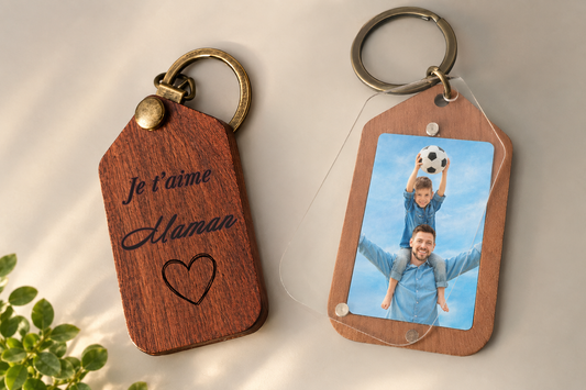 Porte clés photo en bois avec gravure - Idée cadeau mamie, papa, maman, parrain, papy...