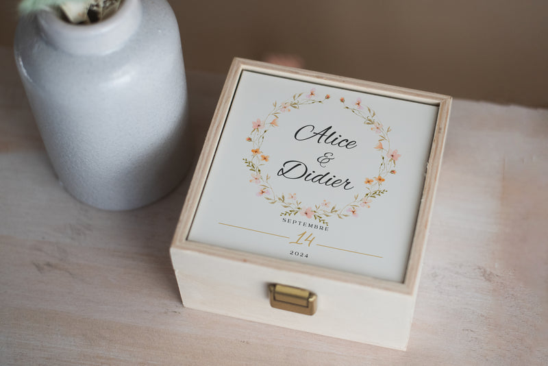 Boîte à alliances en bois personnalisée fleurs séchées, porte alliances personnalisé | Accessoires, décoration, mariage