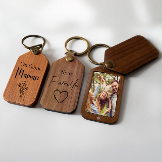 Porte clés photo en bois avec gravure - Idée cadeau mamie, papa, maman, parrain, papy...
