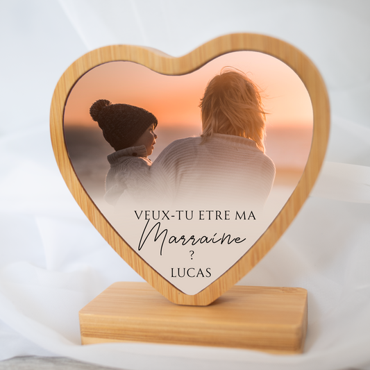 Demande parrain ou demande marraine personnalisée photo - Coeur en bois à poser "Veux tu être mon parrain/marraine? "