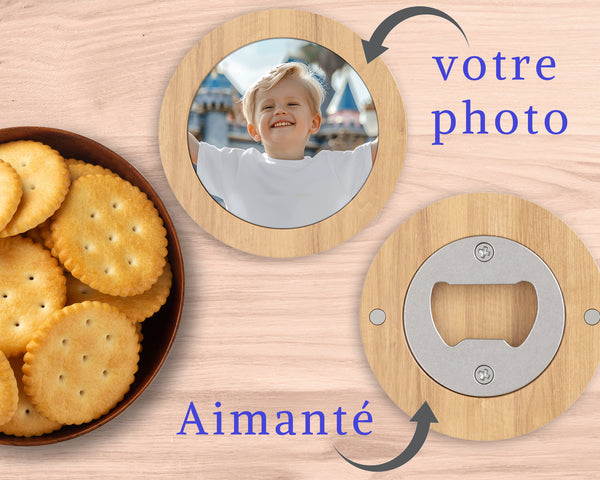 Décapsuleur aimanté personnalisé en bois avec photo - papa, parrain, papi…