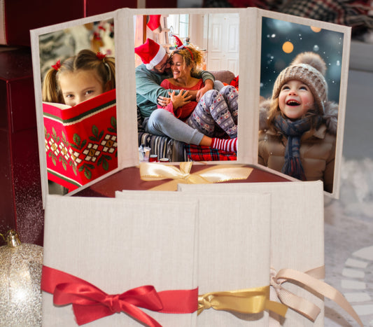 Trifolio personnalisé 3 volets - 3 photos à poser avec fermeture ruban beige