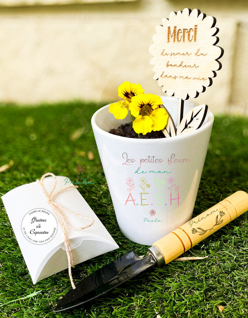 Ensemble jardinage personnalisé cadeau fin année | cadeau pour nounou, maitresse, atsem, aesh - Pelle et pot de fleurs gravés