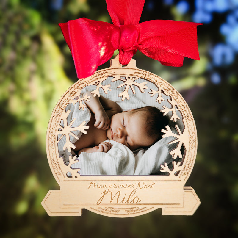 Boule de Noël en bois avec photo- Cadeau famille noël personnalisé, décoration de noël personnalisée