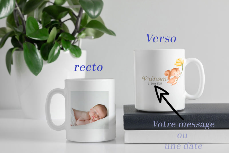 mug personnalisé photo, motif écureuil et prénom