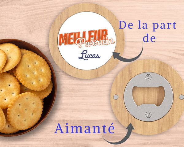 Décapsuleur aimanté personnalisé en bois - cadeau témoin, papa, collègue, papi...