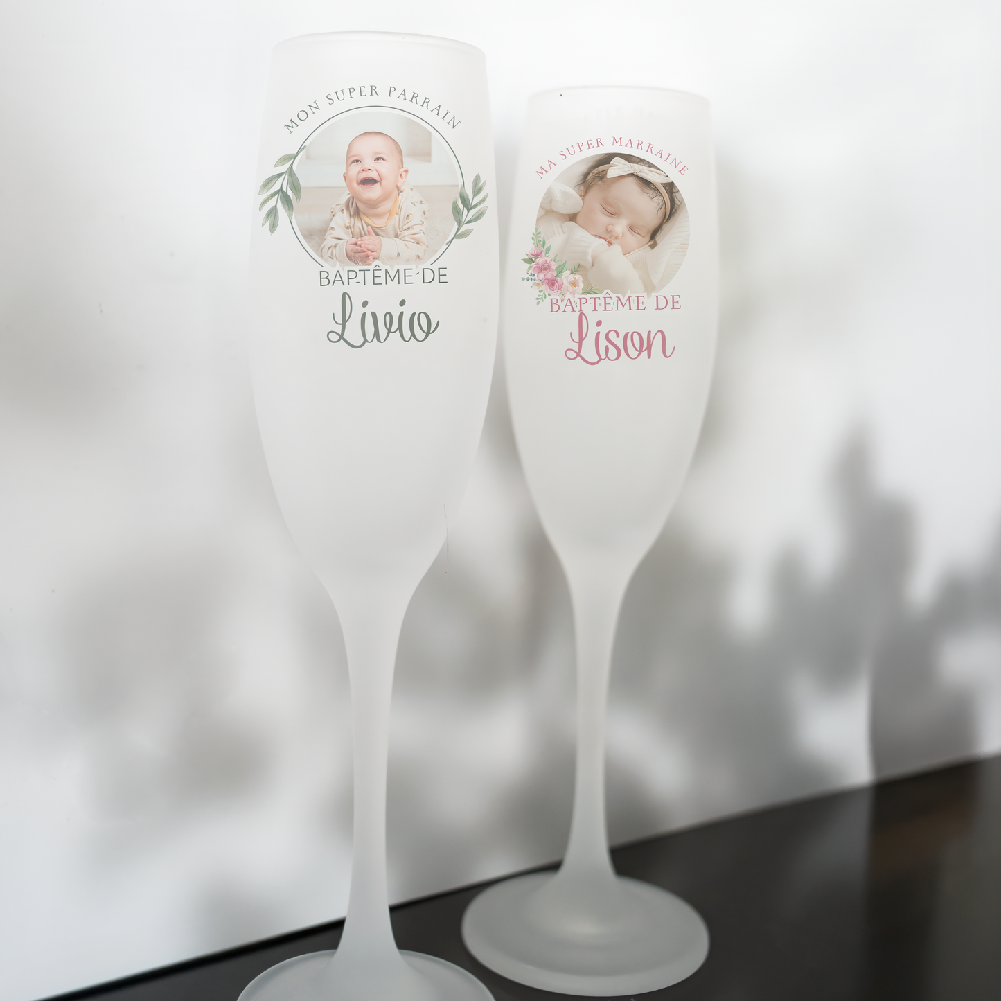 Flute en verre personnalisée baptême parrain marraine
