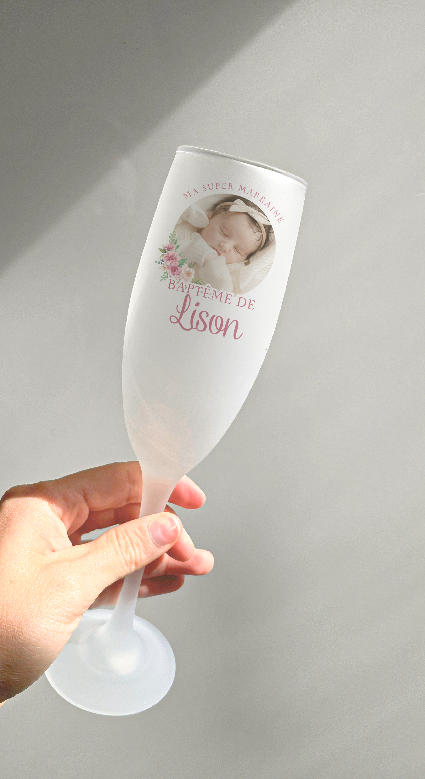 Flute en verre personnalisée baptême parrain marraine