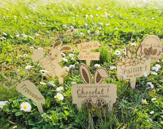 Kit panneaux chasse aux œufs de Pâques en bois – Décoration chasse aux œufs – Pancartes lapin Pâques – Personnalisé
