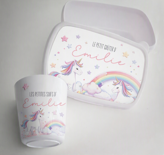 Ensemble gobelet et boite à Goûter personnalisés enfant licorne