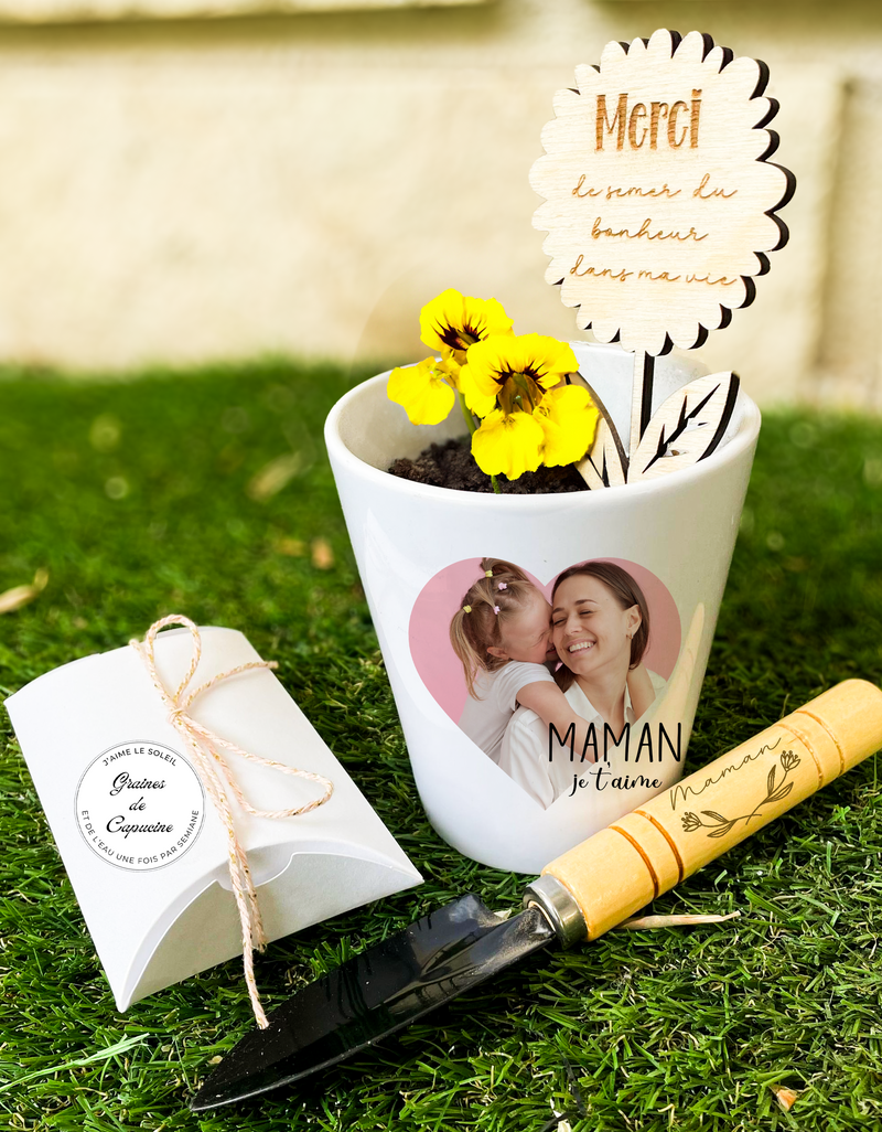 Ensemble de jardinage personnalisé avec photo pour maman - pot de fleurs, graines, pelle panneau | Cadeau, souvenir, décoration maman