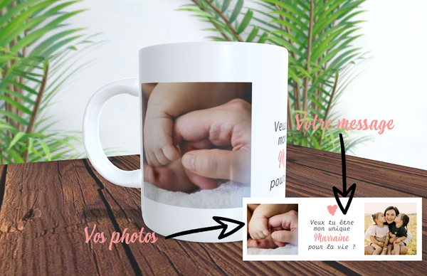 Mug "Demande de Marraine" avec 2 Photos et Message Personnalisé