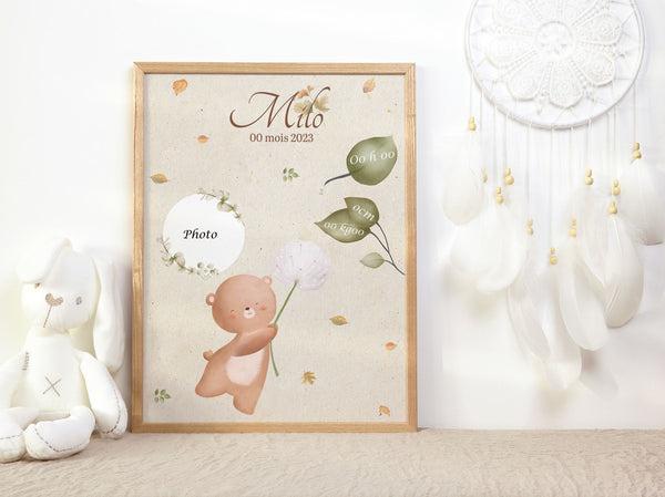 Affiche de naissance personnalisée avec photo thème ourson informations de naissance poids, taille, heure, et date de naissance