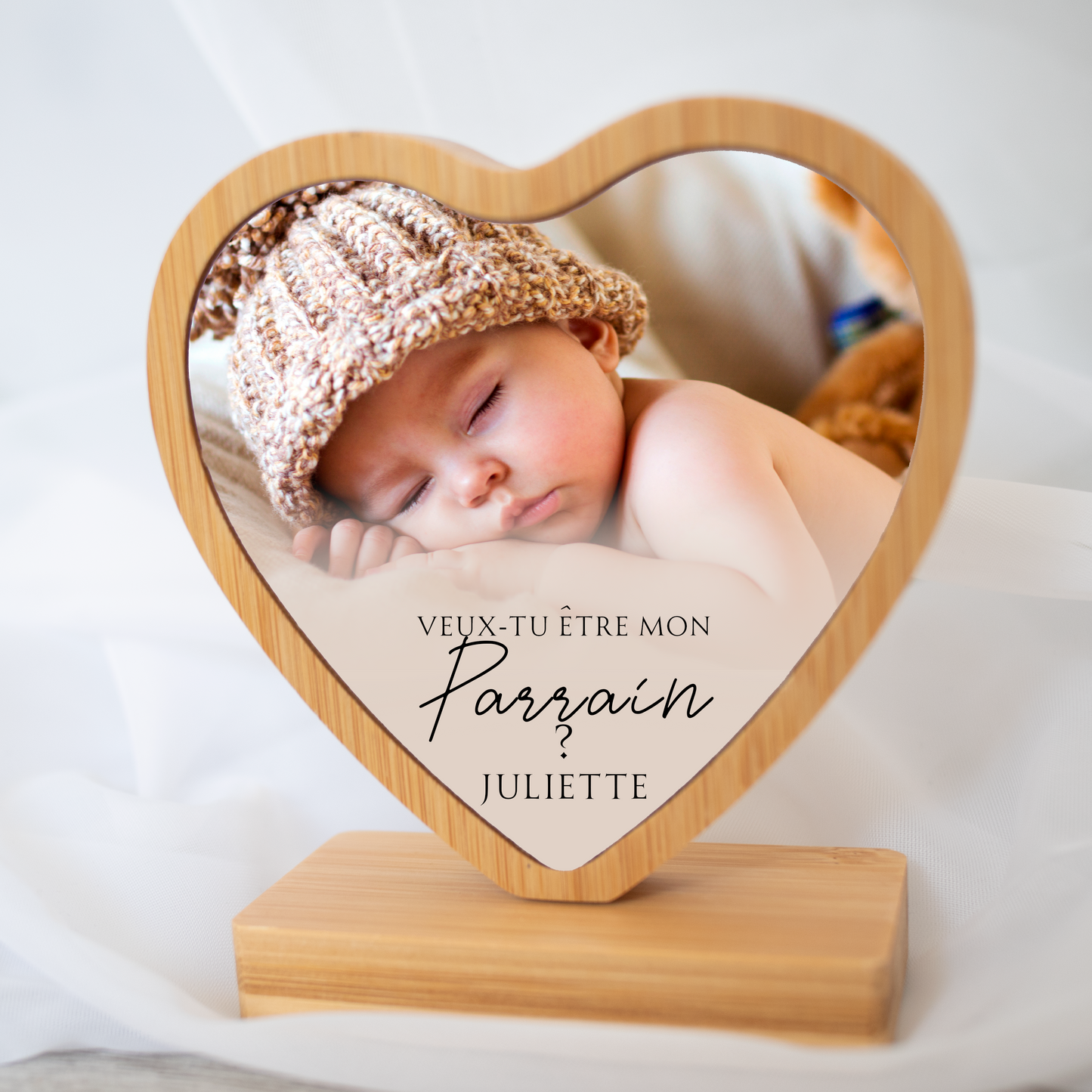 Demande parrain ou demande marraine personnalisée photo - Coeur en bois à poser "Veux tu être mon parrain/marraine? "