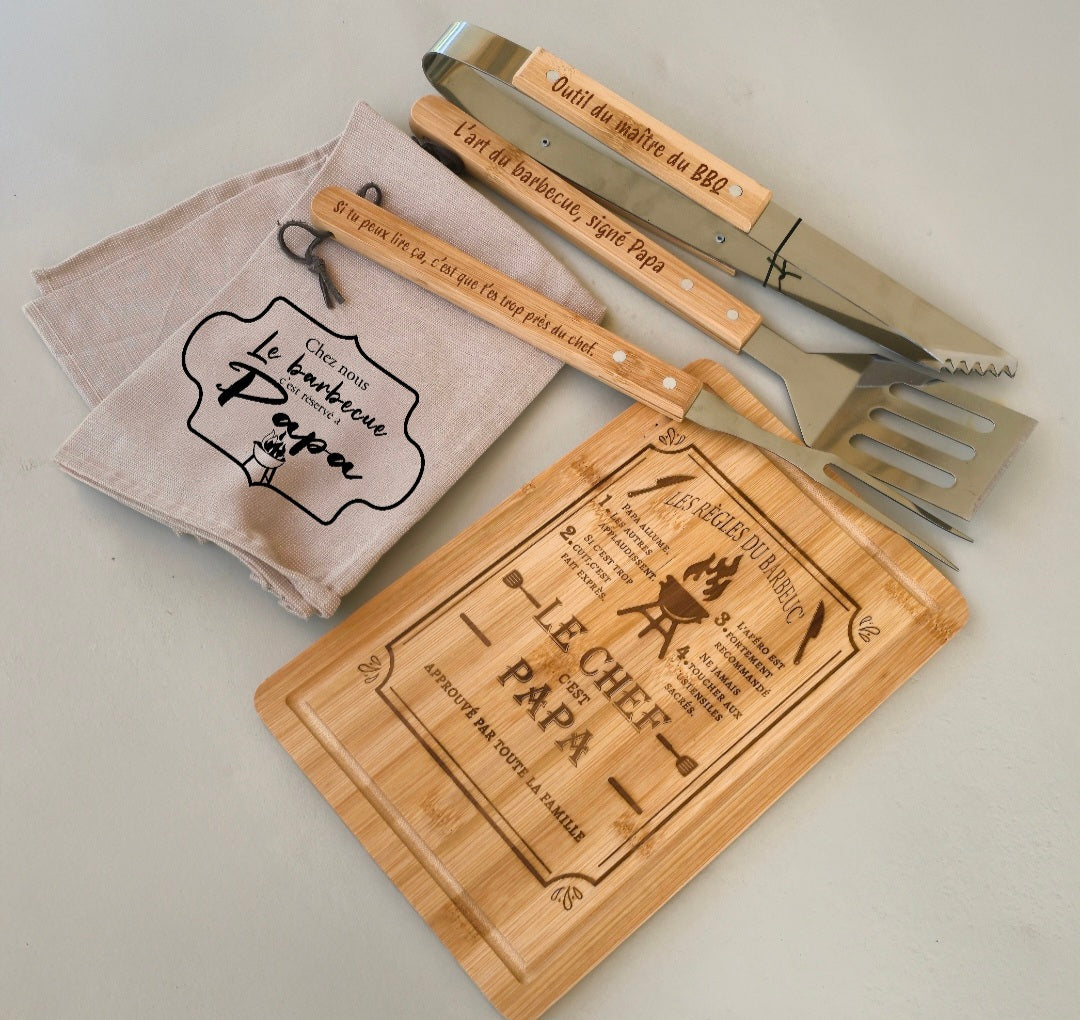 Ustensiles barbecue personnalisés - idée cadeau fête des pères, papi, crémaillère accessoire barbecue en bois planche, ustensiles gravés