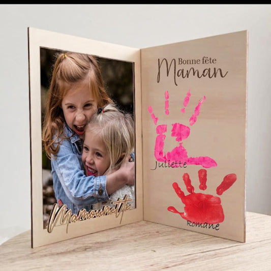 Cadre photo en bois 2 volets – Empreintes et souvenir personnalisé