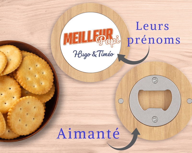 Décapsuleur aimanté personnalisé en bois - cadeau témoin, papa, collègue, papi...