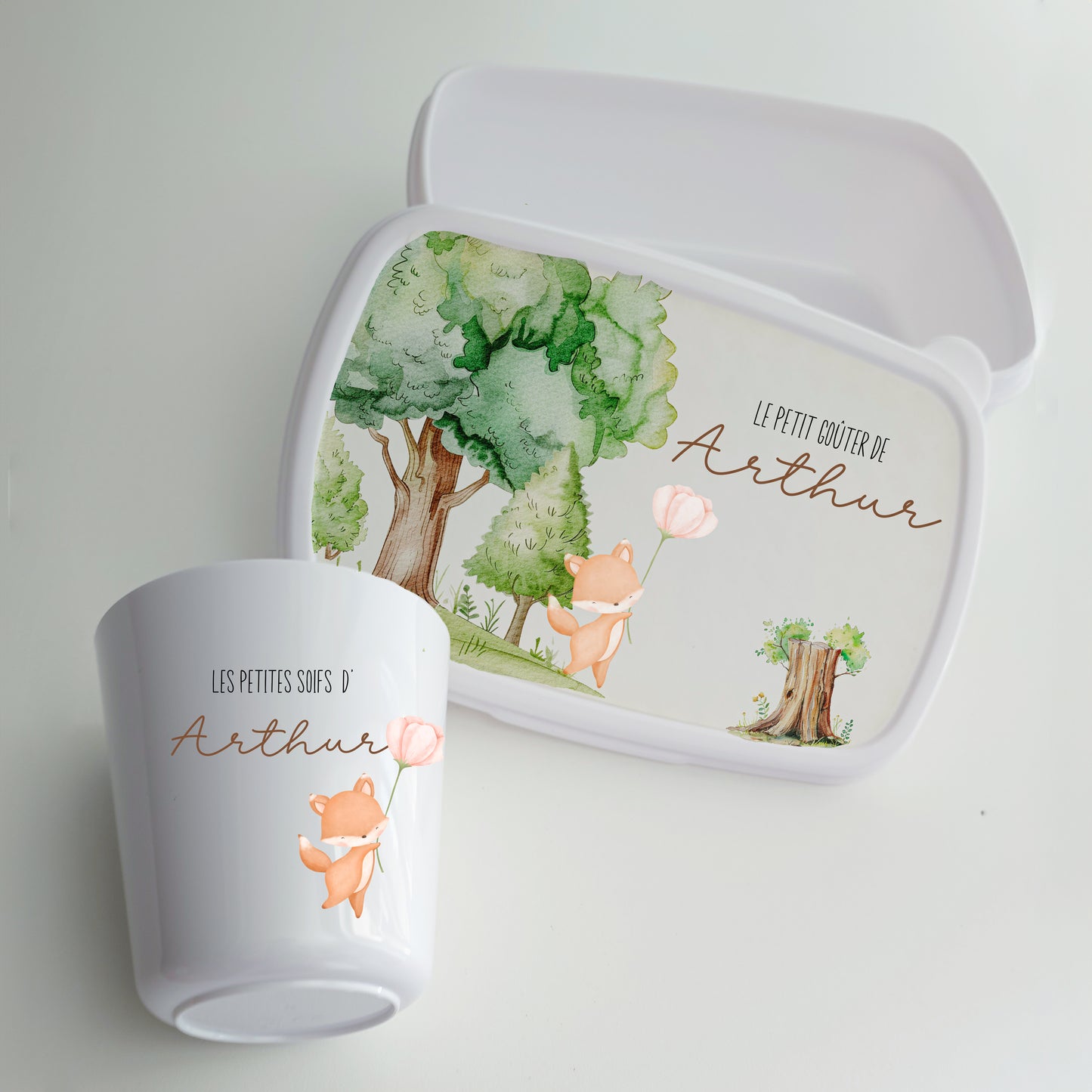 Ensemble gobelet et boite à Goûter personnalisés enfant forêt renard