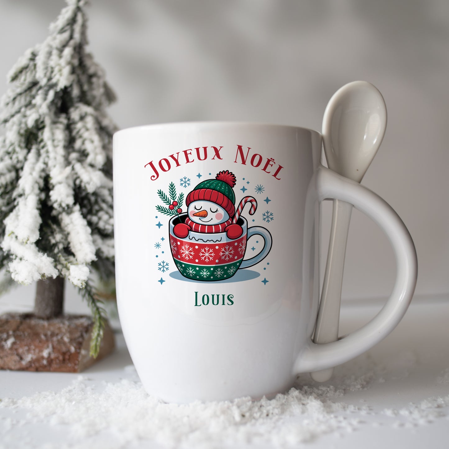 Mug personnalisé en céramique avec cuillère – Thème bonhomme de neige