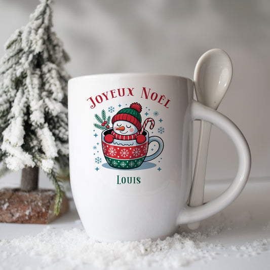 Mug personnalisé en céramique avec cuillère – Thème bonhomme de neige