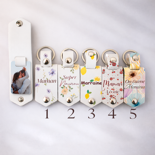 Porte clés personnalisé photo et message fleurs, citrons... impression simili cuir cadeau fête des mères, anniversaire, marraine, mamie...